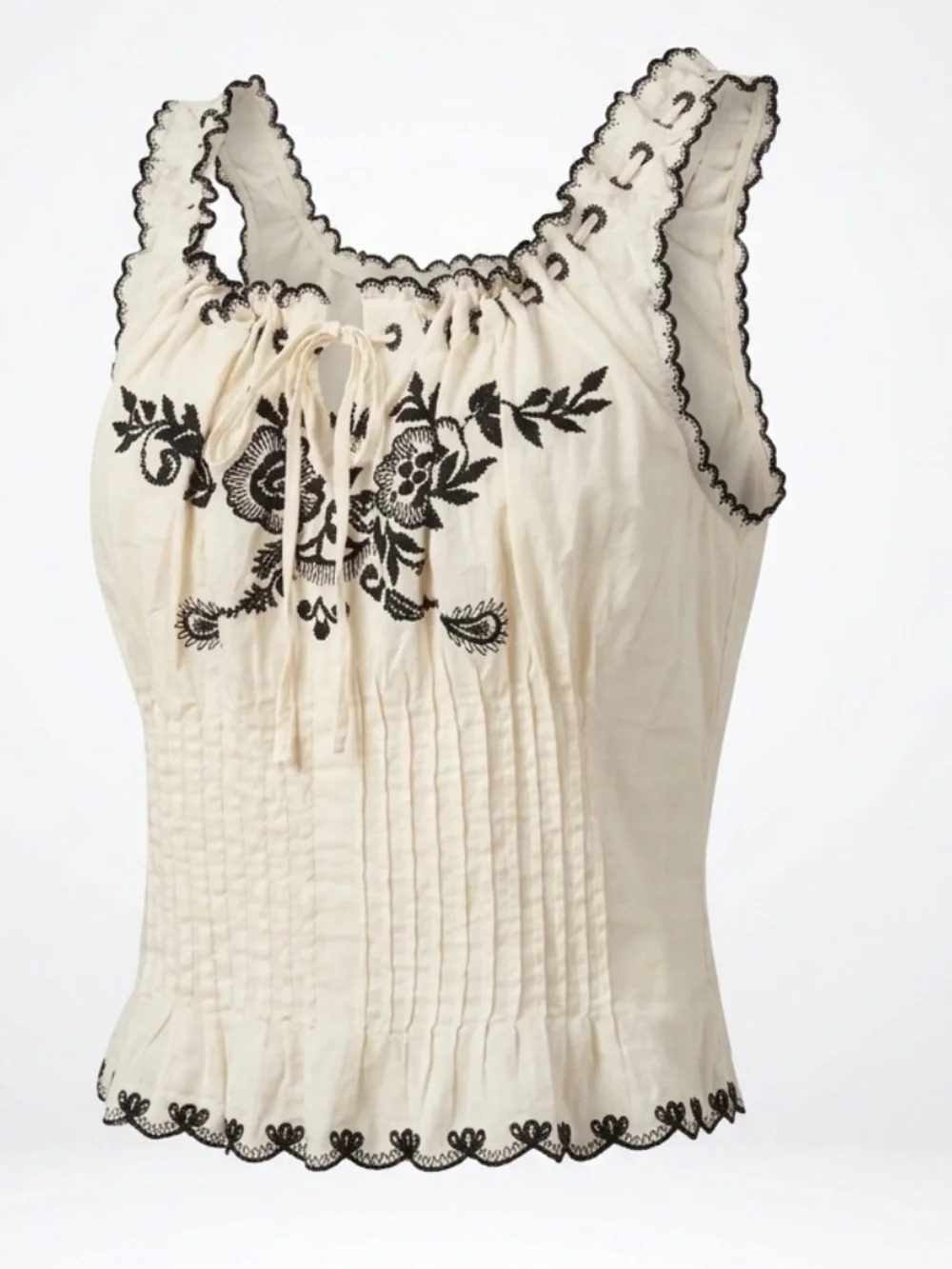 Free People Cotton Embroidered Camisole, lacing and pleat detail, smocked, S,EUC